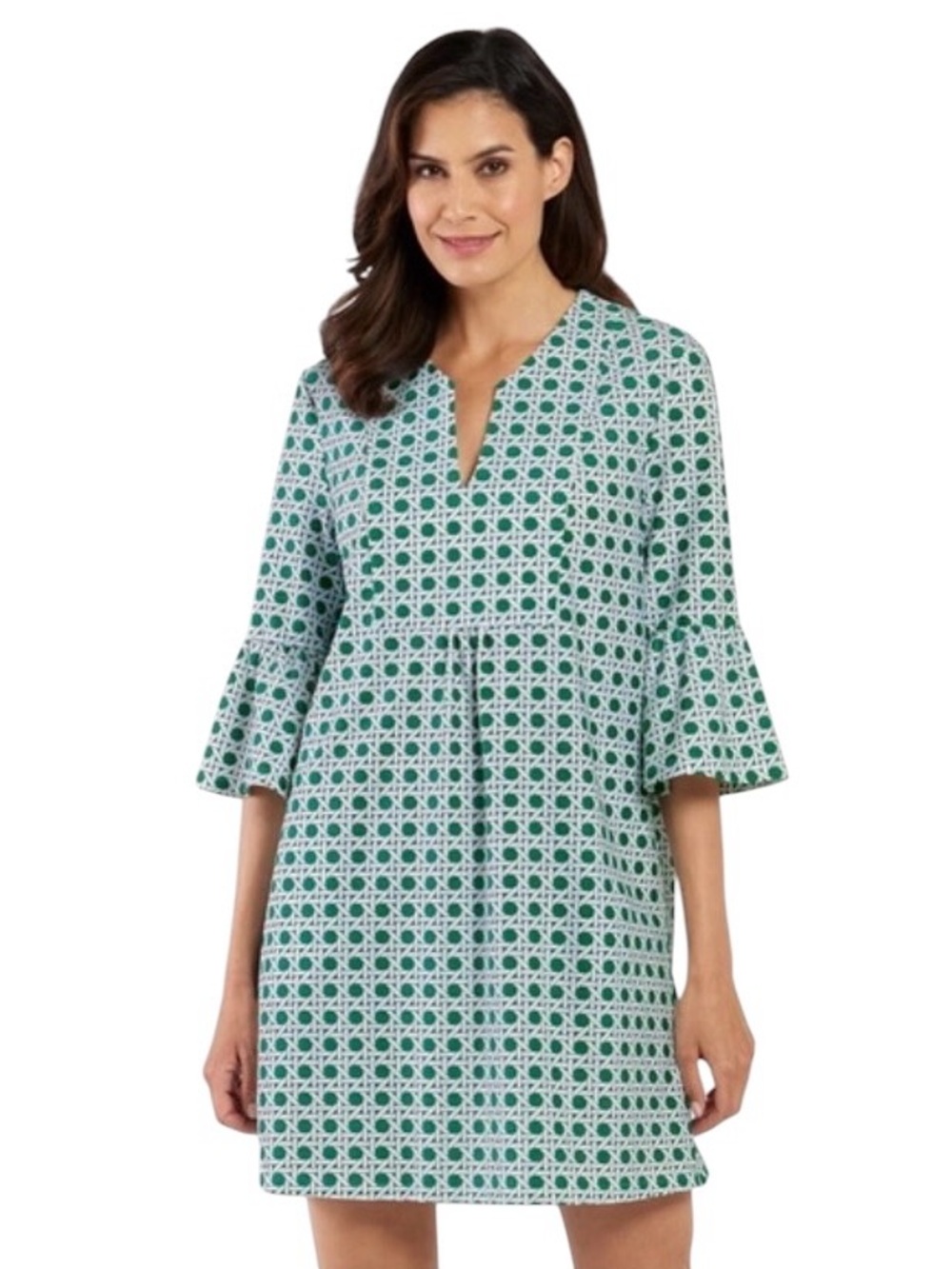 Jude Connally Kerry Dress Green Rattan Geometric Bell Sleeve Knit Shift Size M